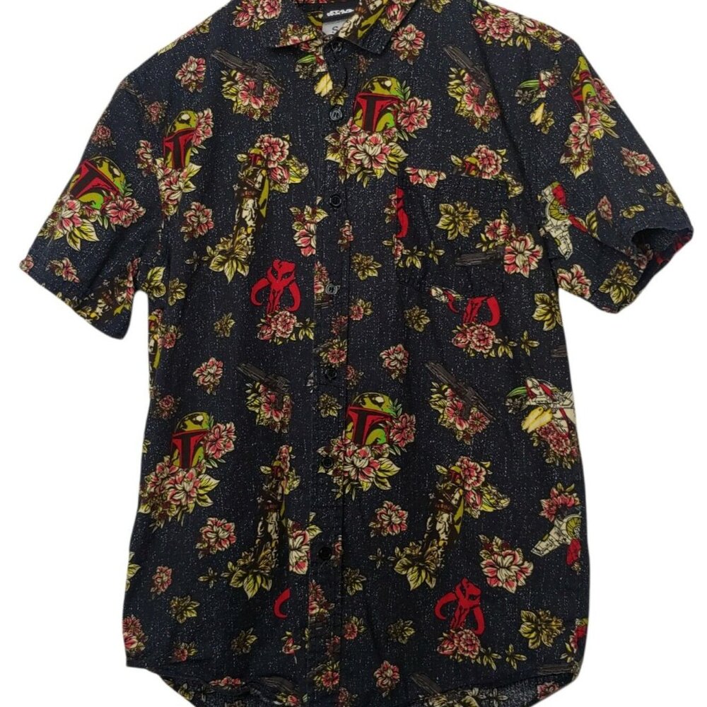 Star Wars Boba Fett Shirt Small Tropical Galaxy Black Floral Stars Movie Nerd